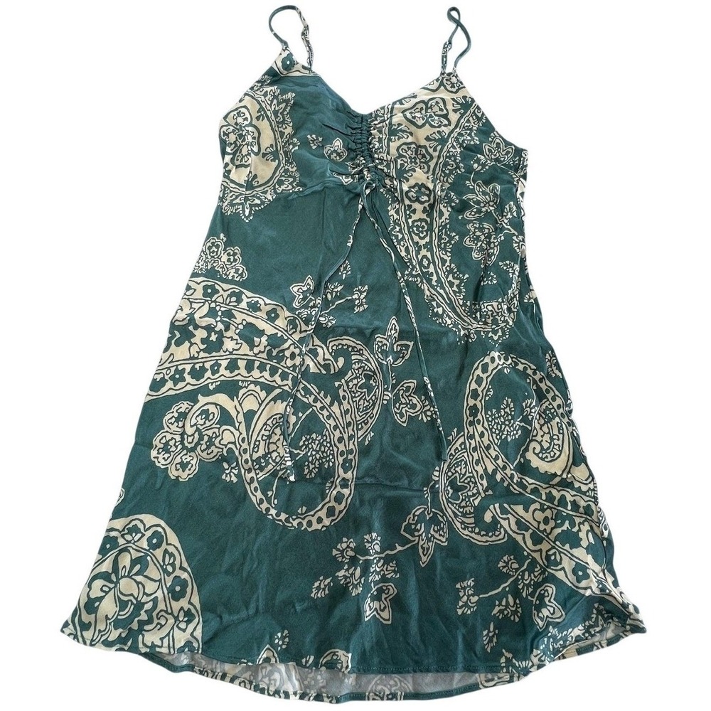 Zara Dress Womens Small Green Blue Paisley Mini Boho Ruched Strappy
